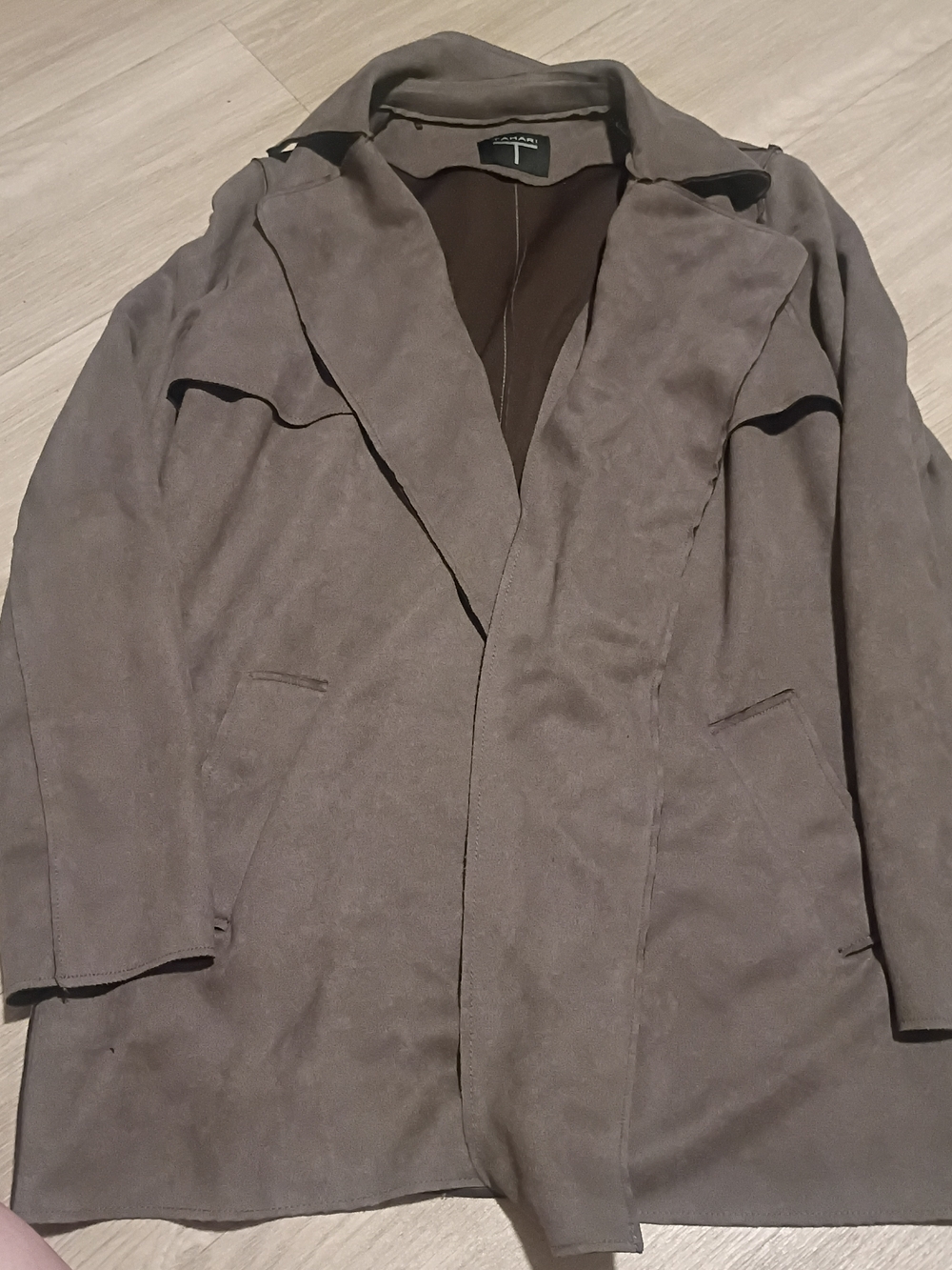 T Tahari Taupe Suede-Look Trench Coat